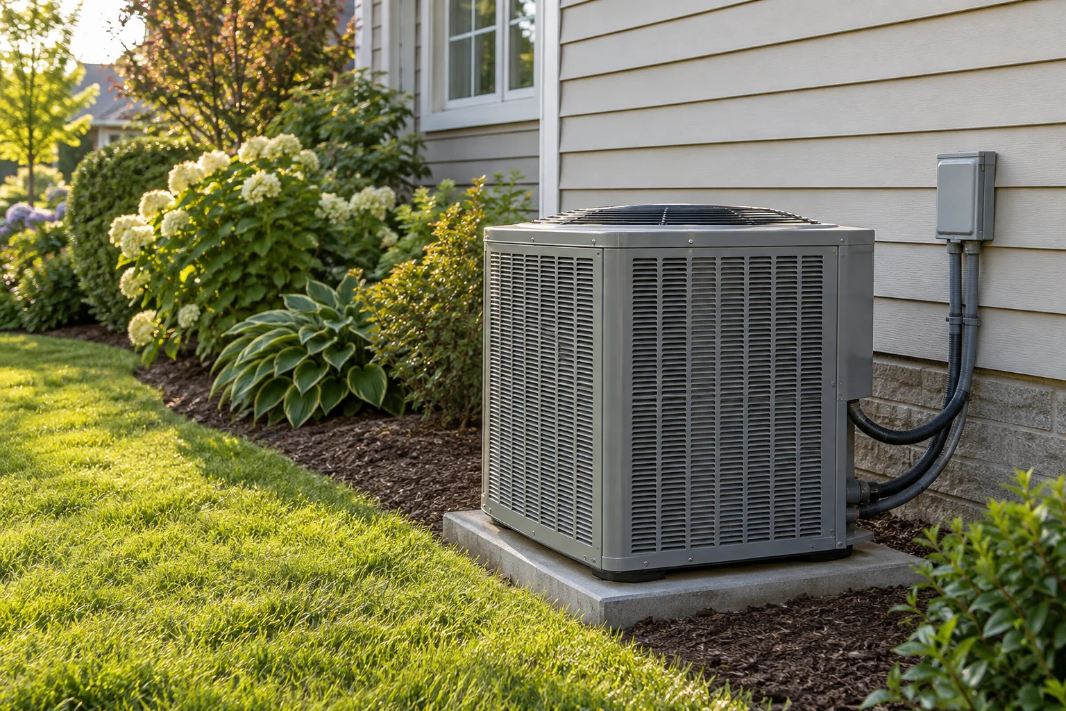 Illustrative outdoor heating and cooling system beside a home
